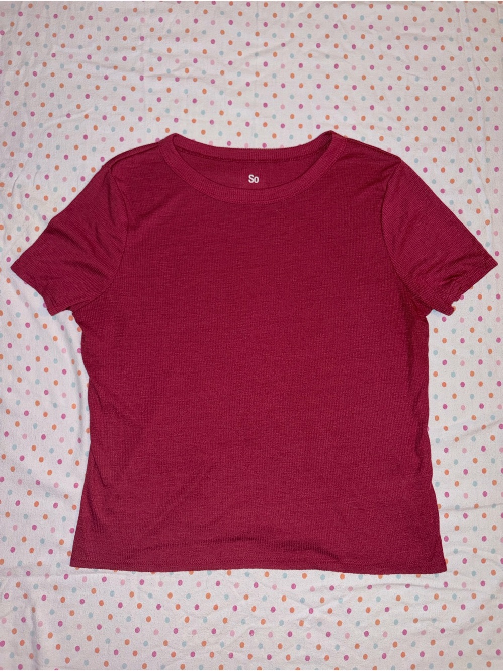 SO Women's Red Short Sleeve Ribbed Knit Tee Size Large Casual Basic Top